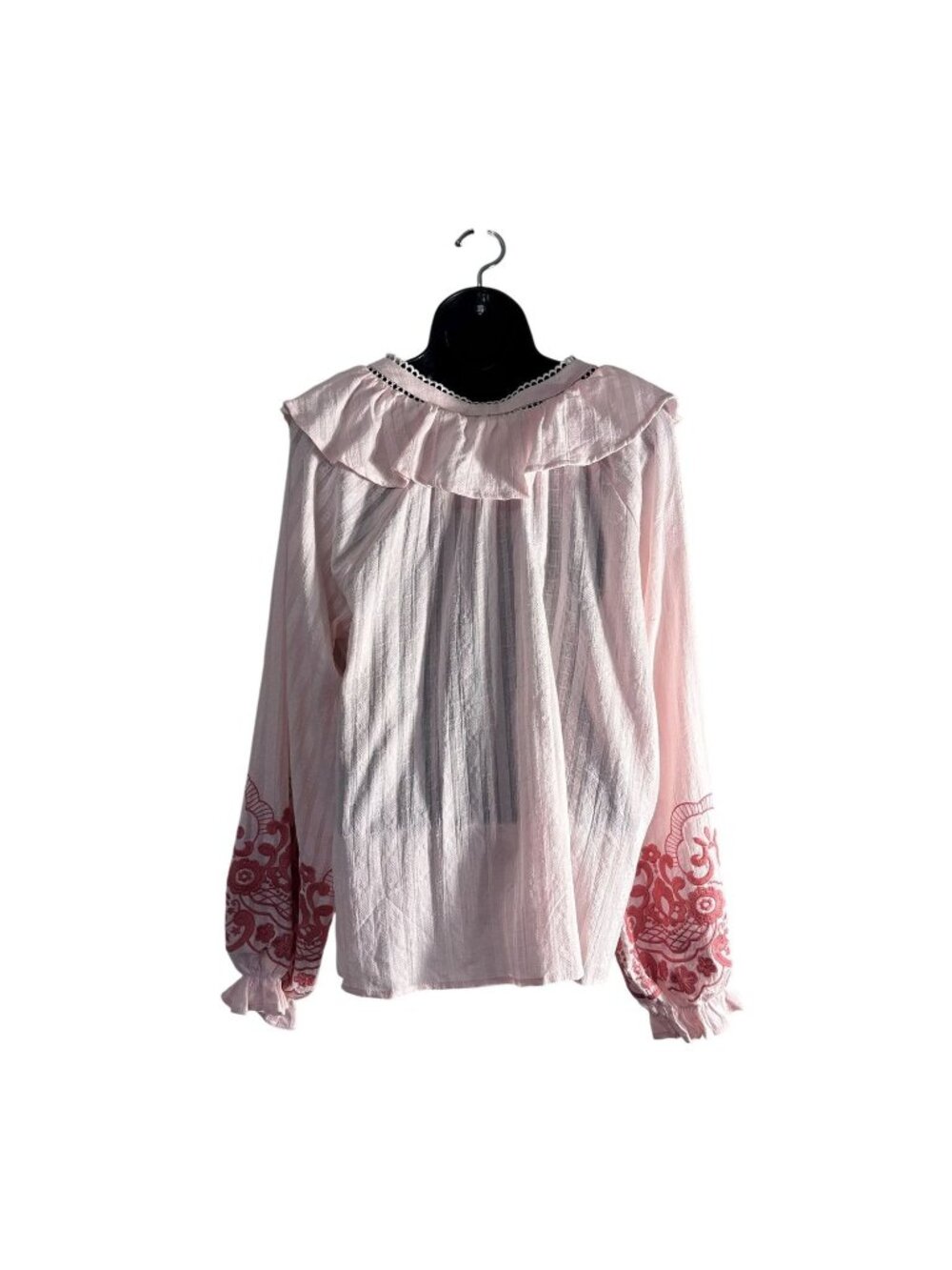 Pink Ruffle Long Sleeve Blouse With Embroidered Sleeves By Savannah Jane - Picture 4 of 8